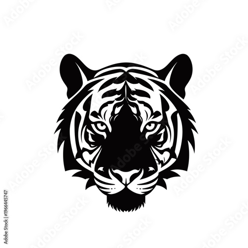Striking black and white stylized tiger head logo illustration with fierce eyes and bold stripes.