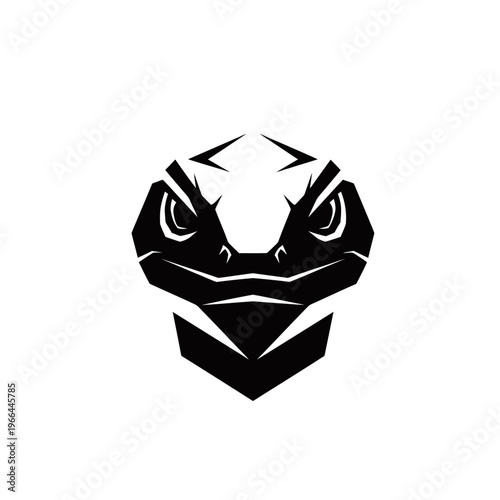 A fierce, stylized black and white lizard or reptile head logo with sharp, intense eyes.