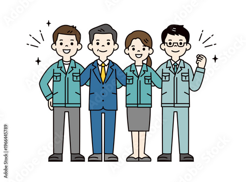 チームで肩を組む、工場の社長・経営者・作業員・従業員・事務員の全身ベクターイラスト素材