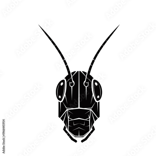 A stylized black silhouette of a grasshopper or cricket head with antennae and compound eyes, depicted in a graphic, geometric style on a white background.