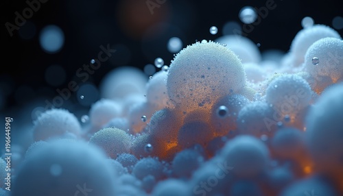 Abstract shimmering spheres with glowing orange light in dark background macro photography science and technology