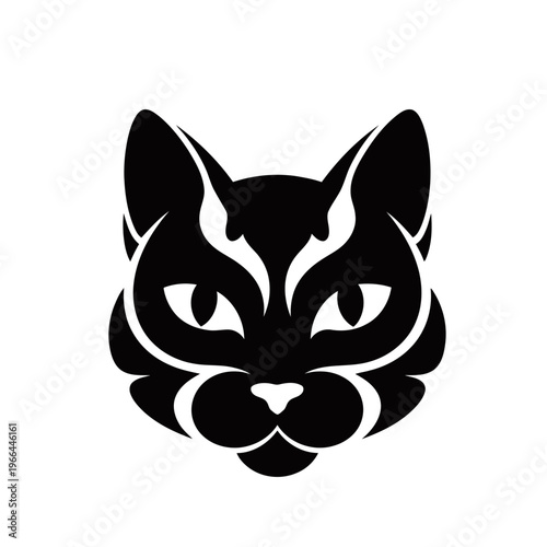 A stylized black cat face with sharp white markings around its eyes and nose.