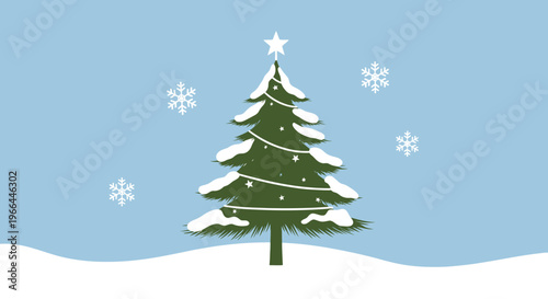 Snow covered Christmas tree with star.