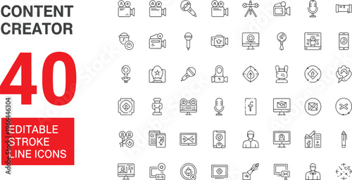 set of 40 editable stroke line icons for content creation and digital marketing tools flat design