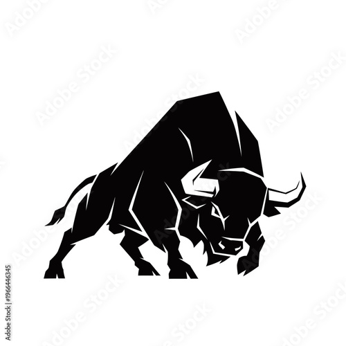 A powerful black silhouette of a charging bull with sharp horns and muscular body.