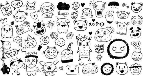 Cute Hand-Drawn Doodle Cartoon Characters Vector Set - Whimsical Black and White Sketch Art for Kids and Fun Designs