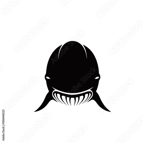 A striking black and white illustration of a humpback whale's head facing forward with its mouth open.