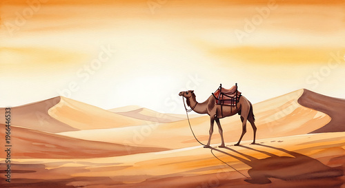 A lone camel walks across the vast desert dunes under a warm hazy sky.