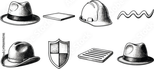 Vintage hand drawn engraved icons set including fedora hat safety helmet shield and diverse objects.