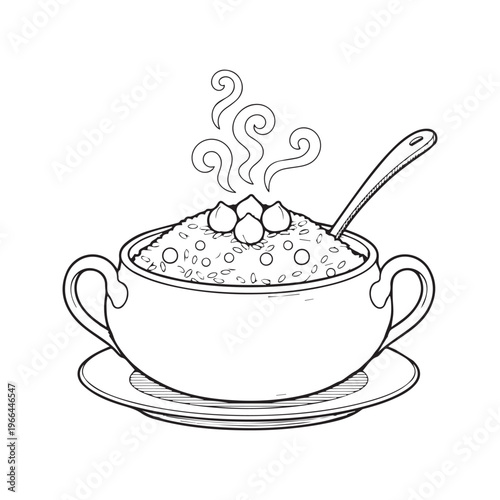 Steaming Bowl of Rice and Grains Coloring Page Illustration for Kids Activity Book
