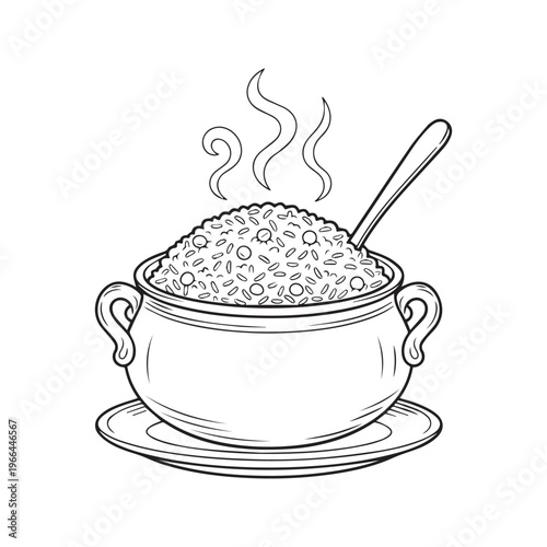 Steaming Bowl of Rice and Grains Coloring Page Illustration for Kids Activity Book
