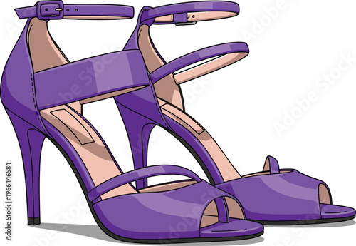 Pair of stylish purple high heel sandals with ankle straps, vector art.