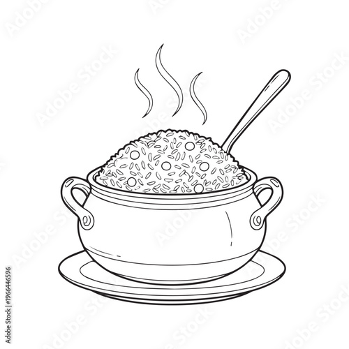 Steaming Bowl of Rice and Grains Coloring Page Illustration for Kids Activity Book
