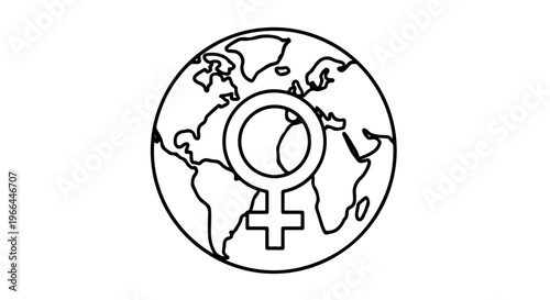 Black line drawing of a female symbol superimposed over a simple illustration of the Earth on a white background.