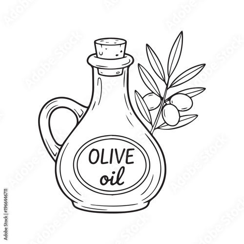 Olive Oil Bottle and Branch with Olives Coloring Page Illustration for Kids Activity
