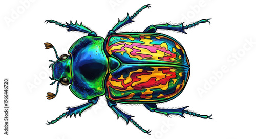 Iridescent scarab beetle with colorful pattern, vibrant metallic jewel beetle isolated on white, exotic tropical insect with psychedelic shell textures