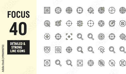 40 detailed strong line icons set for focus and productivity concepts in flat design