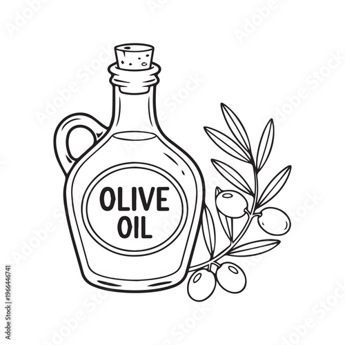 Olive Oil Bottle and Branch with Olives Coloring Page Illustration for Kids Activity

