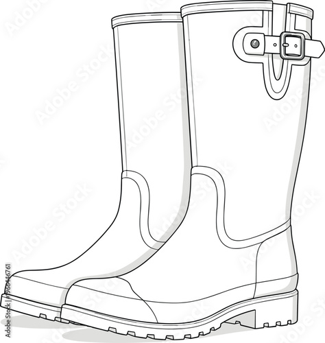 Pair of tall rubber rain boots illustration with buckle detail for gardening and outdoor footwear concept.