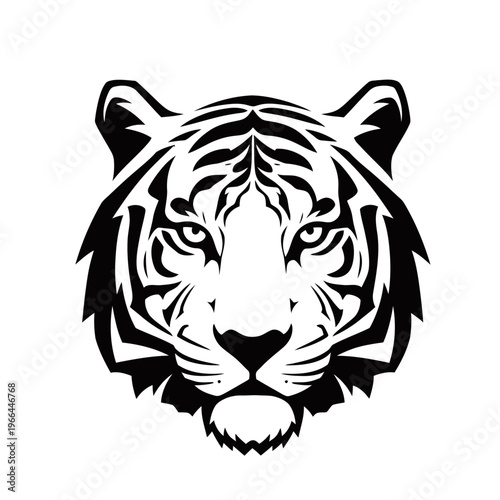 Stylized black and white tiger head illustration with fierce eyes and prominent stripes.