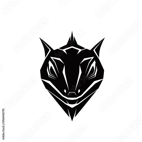 A striking black and white graphic illustration of a stylized lizard's head.