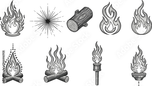 Set of campfire elements flames logs torch and sunburst.