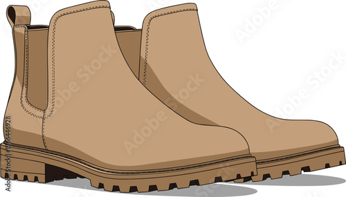 Pair of tan chelsea boots with thick lug sole and elastic sides.