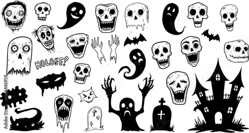 Spooky Halloween Black and White Line Art Icons - Ghosts, Skulls, Haunted House, Bats, Monsters