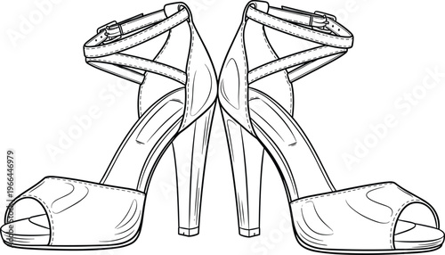 Elegant outline drawing of high heel peep toe sandals with ankle straps reflecting each other on transparent background.