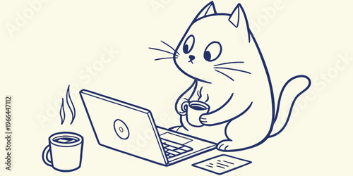 Cute cartoon vector illustration of a happy man with a laptop and a kitten isolated on white, featuring a fun drawing of a domestic pet animal and a bunny.