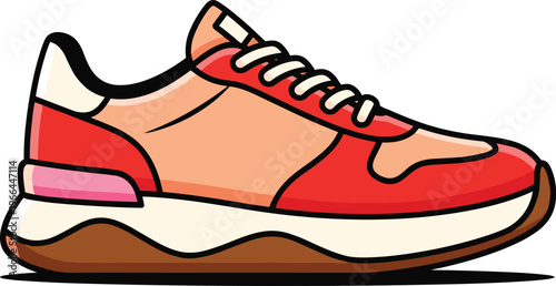 Colorful sporty sneaker illustration with bright red and orange panels on thick white and tan sole.