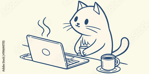 A cute cartoon kitten smiles while using a laptop with a mouse, creating a happy feline vector illustration of a domestic pet having fun with a computer.