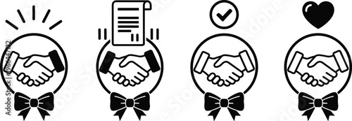 Set of handshake icons inside circle with bow and symbols representing agreement trust and success.