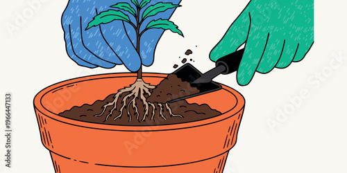 Vector illustration of a brown potted plant design featuring a hot coffee cup and cafe art icon.
