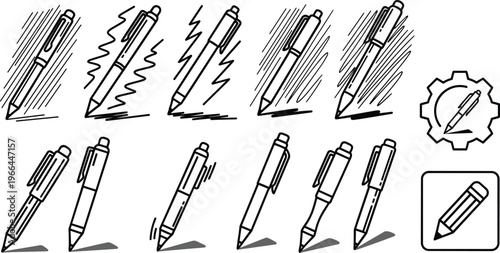 Set of ballpoint pens in different styles, and icons of pens, on transparent background.
