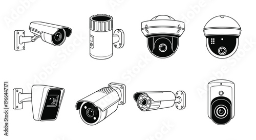 Vibrant flat cartoon vector sticker set of eight security cameras isolated on white