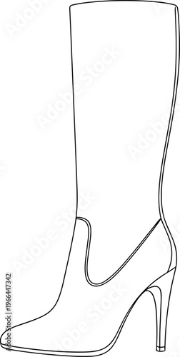 Outline drawing of elegant high heel stiletto boot with pointed toe calf length shoe.