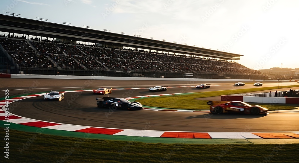 Fototapeta premium Racecars speeding around a track with spectators in the stands under a setting sun