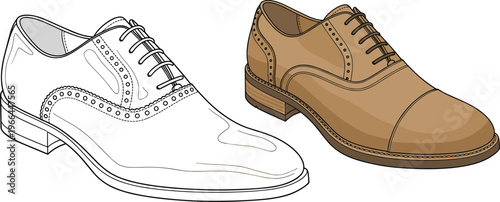 Classic mens oxford brogue shoes vector illustration in outline and colored versions for footwear.