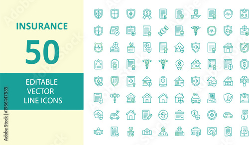 50 editable vector line icons set for insurance concepts and financial protection