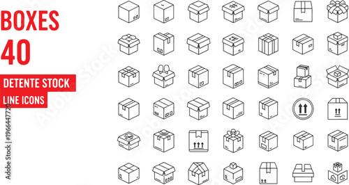 40 flat line icon set of gift boxes and packages for e-commerce and delivery vector illustration