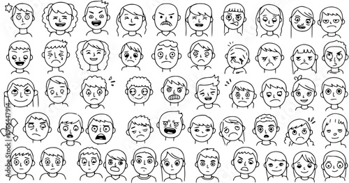 Hand-Drawn Black and White Line Art Faces Collection. Doodle Avatars Expressing Diverse Human Emotions: Happy, Sad, Angry, Surprised, Confused, and More.