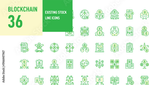 36 blockchain and cryptocurrency line icons set with green accent on white background for fintech and digital finance