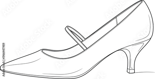 Elegant high heel mary jane shoe line drawing illustration on transparent background for fashion use.