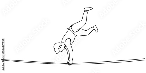 A single continuous line drawing of a person balancing upside down on a taut tightrope wire rope Vector, illustration