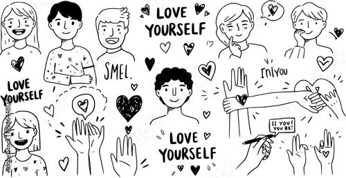 Black  White Line Art Doodle: Diverse People  Hands Illustrating Self-Love, Mental Health, and Wellness Concepts. Hand-drawn Vector for Lifestyle.