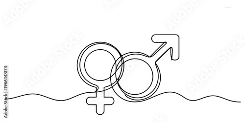 A minimalist single line drawing of the interconnected male and female gender symbol icons design. Vector, illustration