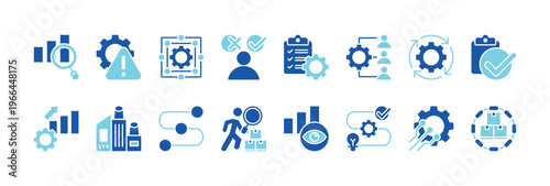 operations management icon collection glyph dual color style. containing process analysis, risk management, operations management, decision making, capacity planning.