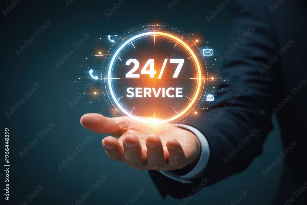Obraz premium 24 7 Customer Support Service with Digital Clock and Business Assistance Concept 