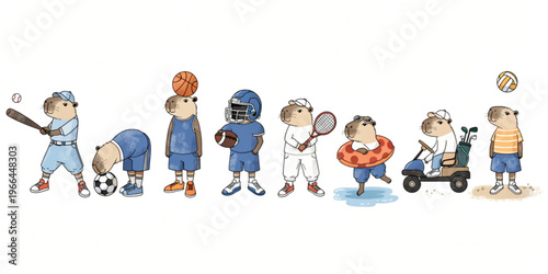  Set of funny cartoon cute Capybara animals in playful sports vector style featuring smiling characters for kids toy illustration collection